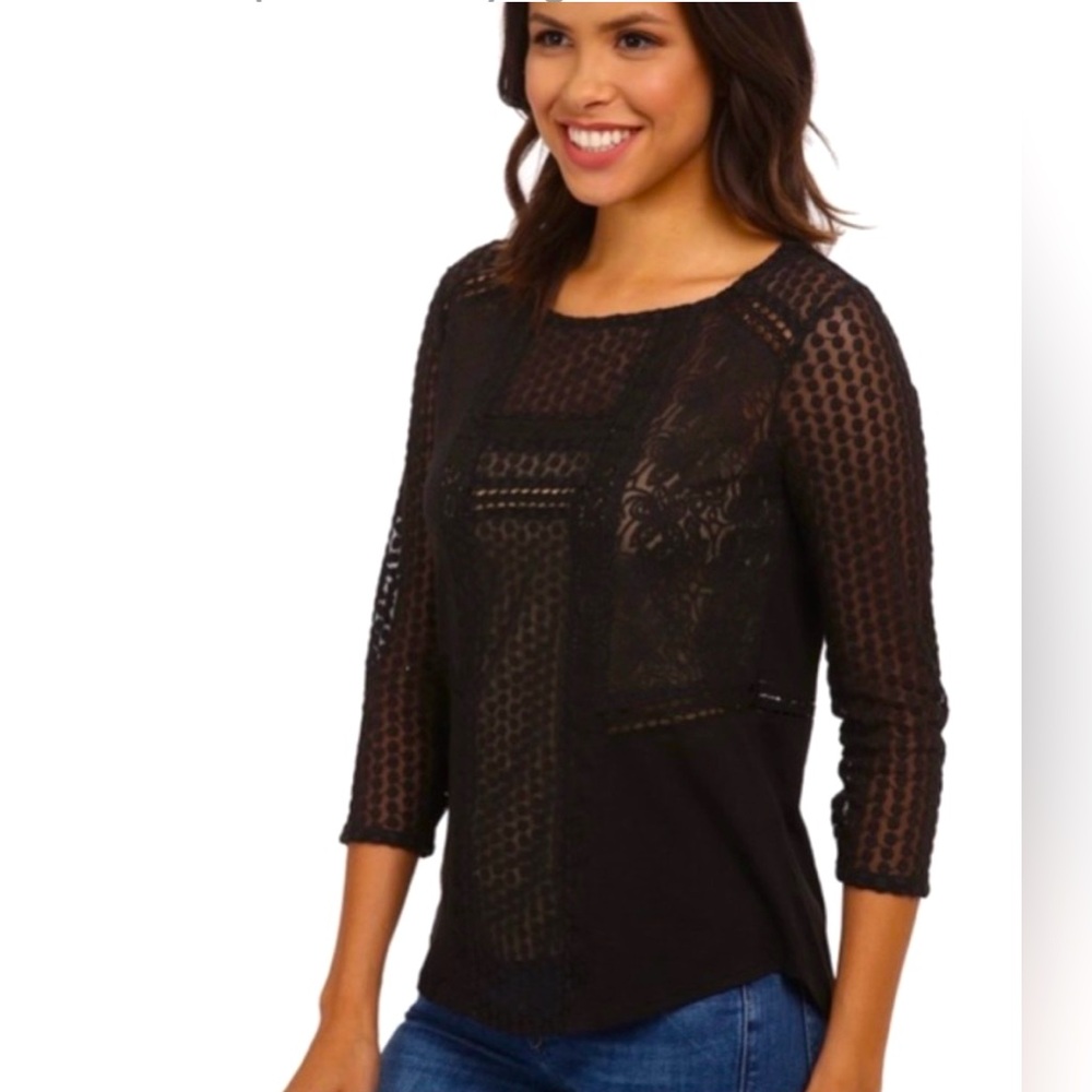 NWT Lucky Brand 3/4 Sleeve Semi Sheer Mixed Motif Embroidered Black Lace Top